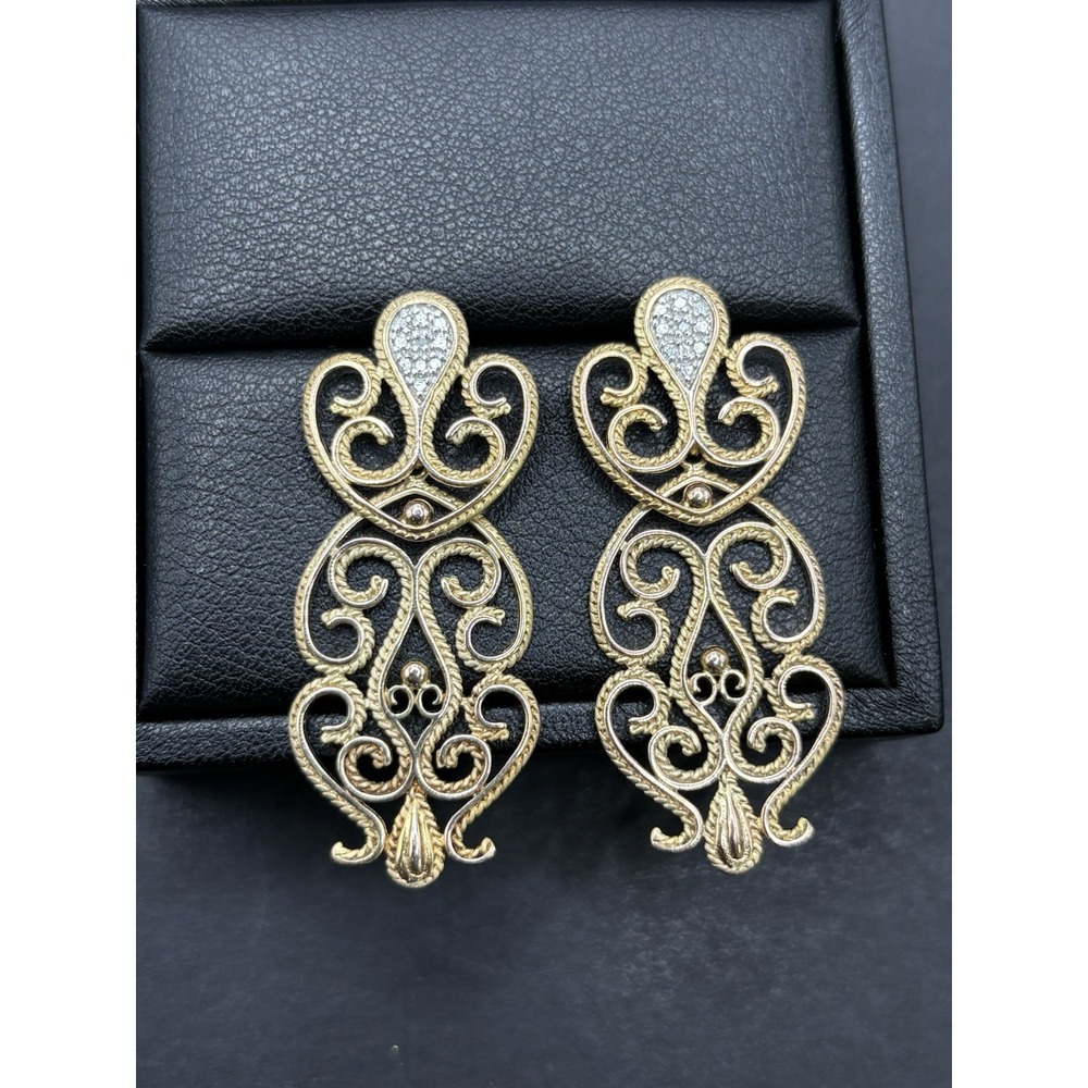 EUC Gold Sterling Silver Single Diamond Scroll Dangle Earrings PAJ 8 Grams H19